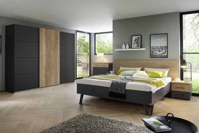 Lit adulte moderne gris foncé et chêne